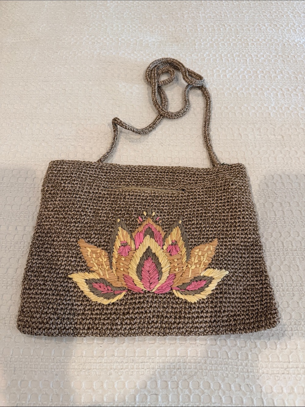 The Sak Brown Woven Crossbody with Pink & Gold Lotus Embroidery